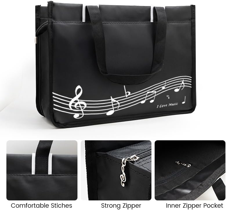 BestSounds Piano Bag, Zipper Waterproof Music Book Tote Bag Piano Accessories for Students Kids, Women, Gifts for Musicians (Black Music) - Image 2